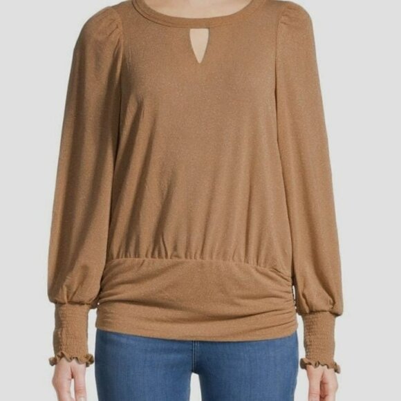 WIT & WISDOM Shimmery-Blouson-Sleeve Ruche Top-Toast-Large NWT - Picture 2 of 14